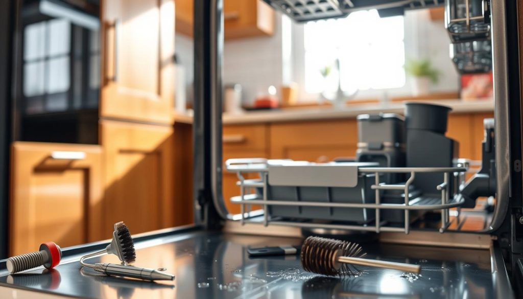 A close-up of a Defy dishwasher in a modern kitchen, partially opened to reveal a clean interior and a well-maintained drainage system. In the foreground, there are small tools like a screwdriver and a wire brush, emphasizing the DIY aspect of troubleshooting. The middle ground features a glistening stainless steel sink, and water droplets capture the theme of drainage issues. The background showcases a bright, inviting kitchen with warm wood cabinets and a stylish backsplash. The lighting is bright and natural, streaming in from a nearby window, creating a cheerful and problem-solving atmosphere. The image captures a sense of clarity and focus on maintenance, avoiding any clutter in the kitchen.