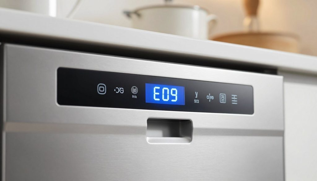 A detailed illustration of a Bosch dishwasher front panel displaying the E09 error code prominently. The foreground features a close-up of the sleek stainless-steel panel, showcasing illuminated buttons and a vibrant LED screen indicating the error. In the middle, there are subtle highlights reflecting the appliance's modern design, emphasizing its contours and ergonomic features. The background is softly blurred, hinting at a well-lit, contemporary kitchen environment with warm lighting that enhances the calming atmosphere. The composition captures a sense of urgency and attention to detail, providing a clear, professional visual for readers looking to understand the E09 error code without distraction. The overall mood is informative and technical, ensuring clarity and focus on the Bosch dishwasher's error display.