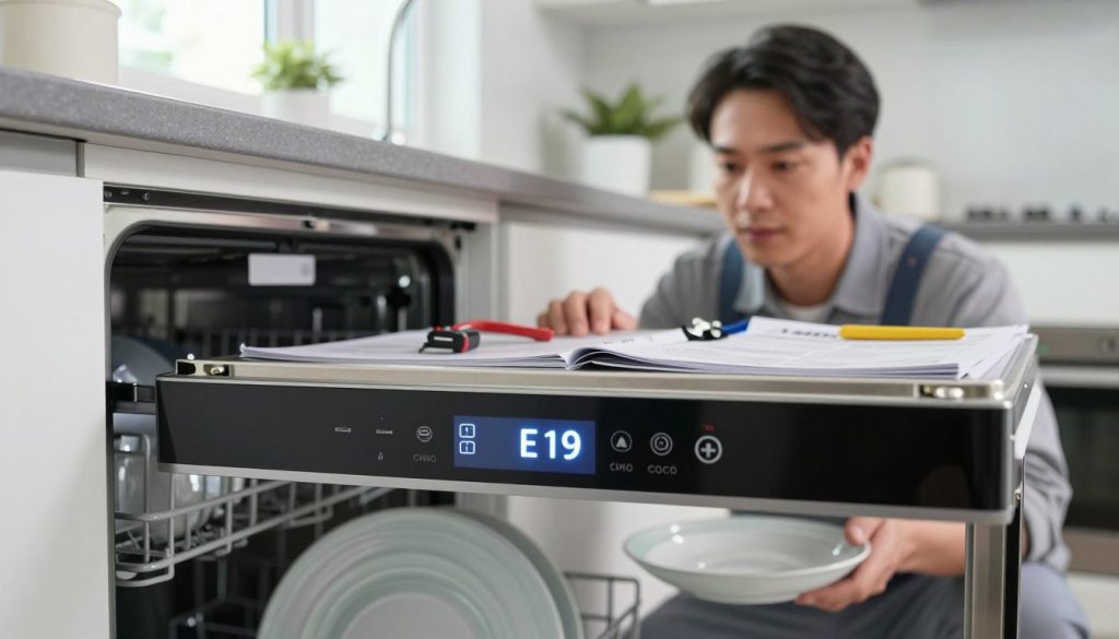 Inside a modern kitchen, showcase a Bosch dishwasher displaying an E19 error code on its sleek digital panel. In the foreground, a close-up of the error message on the screen is illuminated with soft, ambient lighting, emphasizing the technical nature of the issue. The middle layer features a person in professional attire, examining the dishwasher intently, surrounded by tools and repair manuals that suggest troubleshooting steps. The background reveals kitchen elements like clean dishes in the sink and a bright window, creating a contrast between the problem at hand and a well-maintained home environment. The overall atmosphere is focused and informative, conveying the seriousness of addressing appliance issues while keeping a clean and inviting kitchen space.